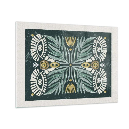 Glasbild - Bild auf glas - Eine symmetrische Komposition aus Blättern und Mustern im Folk-Stil - 70x50cm - Wie ein Volksausschnitt - Moderne Wanddekoration für Wohnzimmer und Schlafzimmer ARTTOR