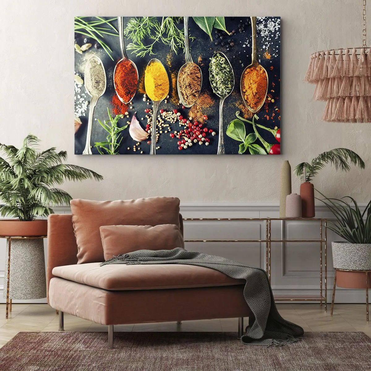 Bild auf Leinwand - Leinwandbild - Bunte Gewürze auf Löffeln mit Kräutern im Hintergrund - 70x50cm - Kulinarische Magie - Moderne Wanddekoration für Wohnzimmer und Schlafzimmer ARTTOR