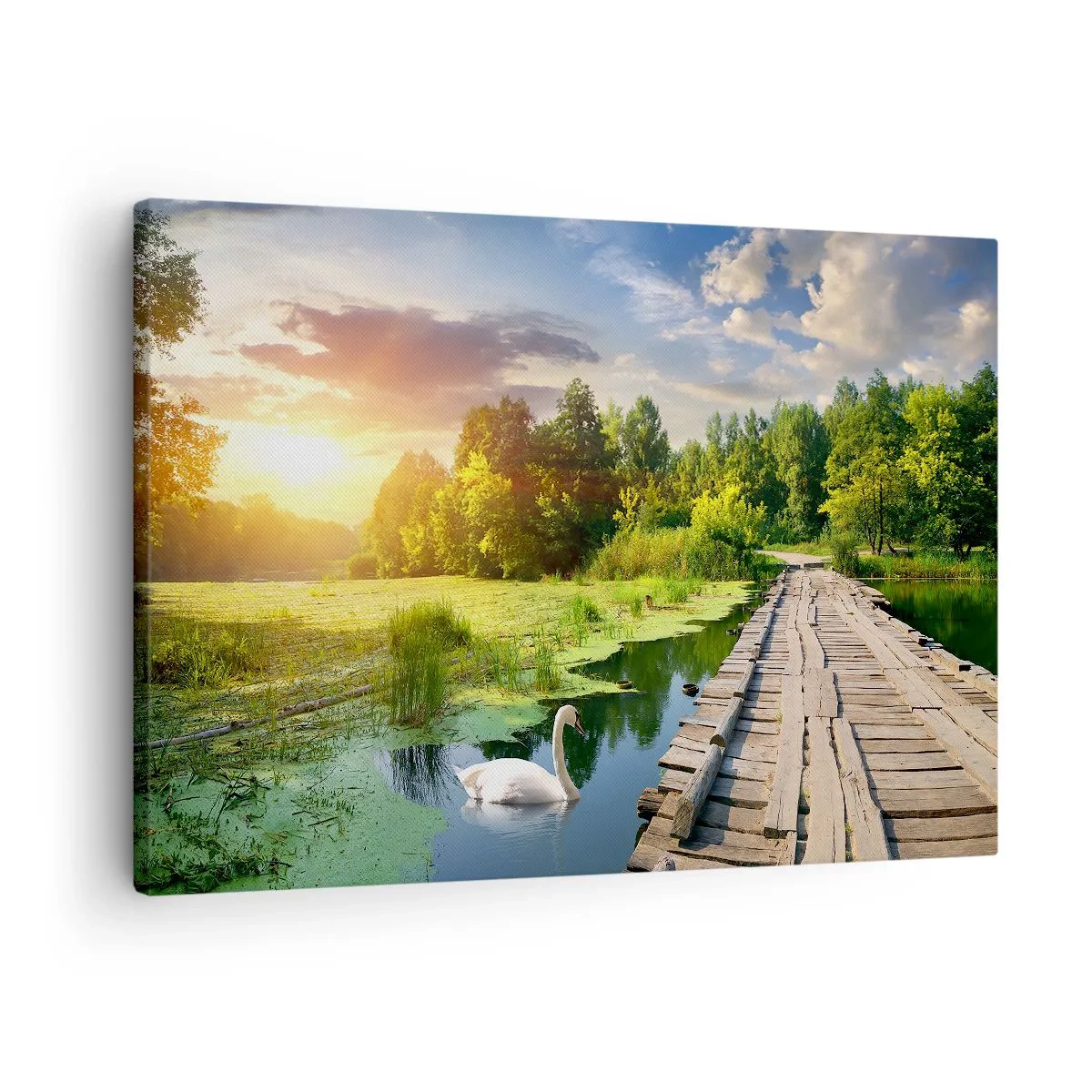 Bild auf Leinwand - Leinwandbild - Eine malerische Landschaft mit einer Brücke und einem Schwan - 70x50cm - Sommer, Sommer überall - Moderne Wanddekoration für Wohnzimmer und Schlafzimmer ARTTOR