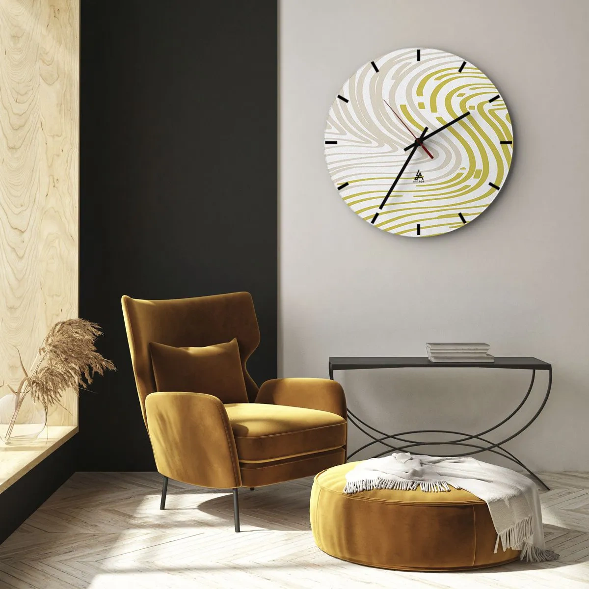 Wanduhr - Glasuhr - Abstrakte Linien in Beige und Gelb erzeugen ein wirbelndes Muster. - 30x30cm - Komposition mit sanfter Biegung - Moderne Wanddekoration für Wohnzimmer, Küche und Schlafzimmer ARTTOR
