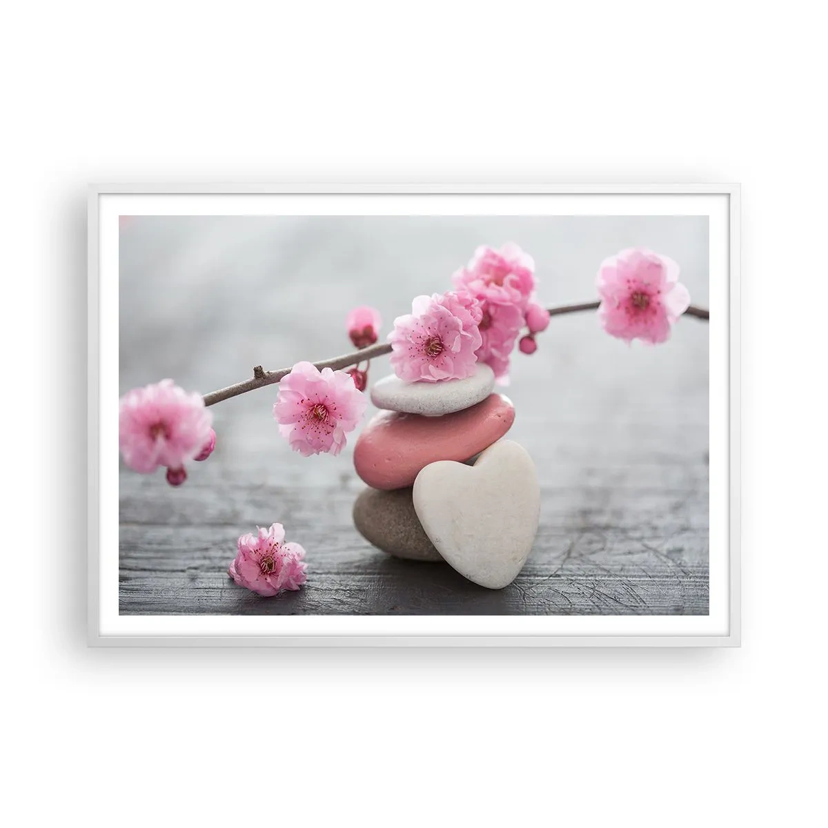 Poster in einem weißen Rahmen - Glückseligkeit mit einer Kirschblüte - 100x70 cm