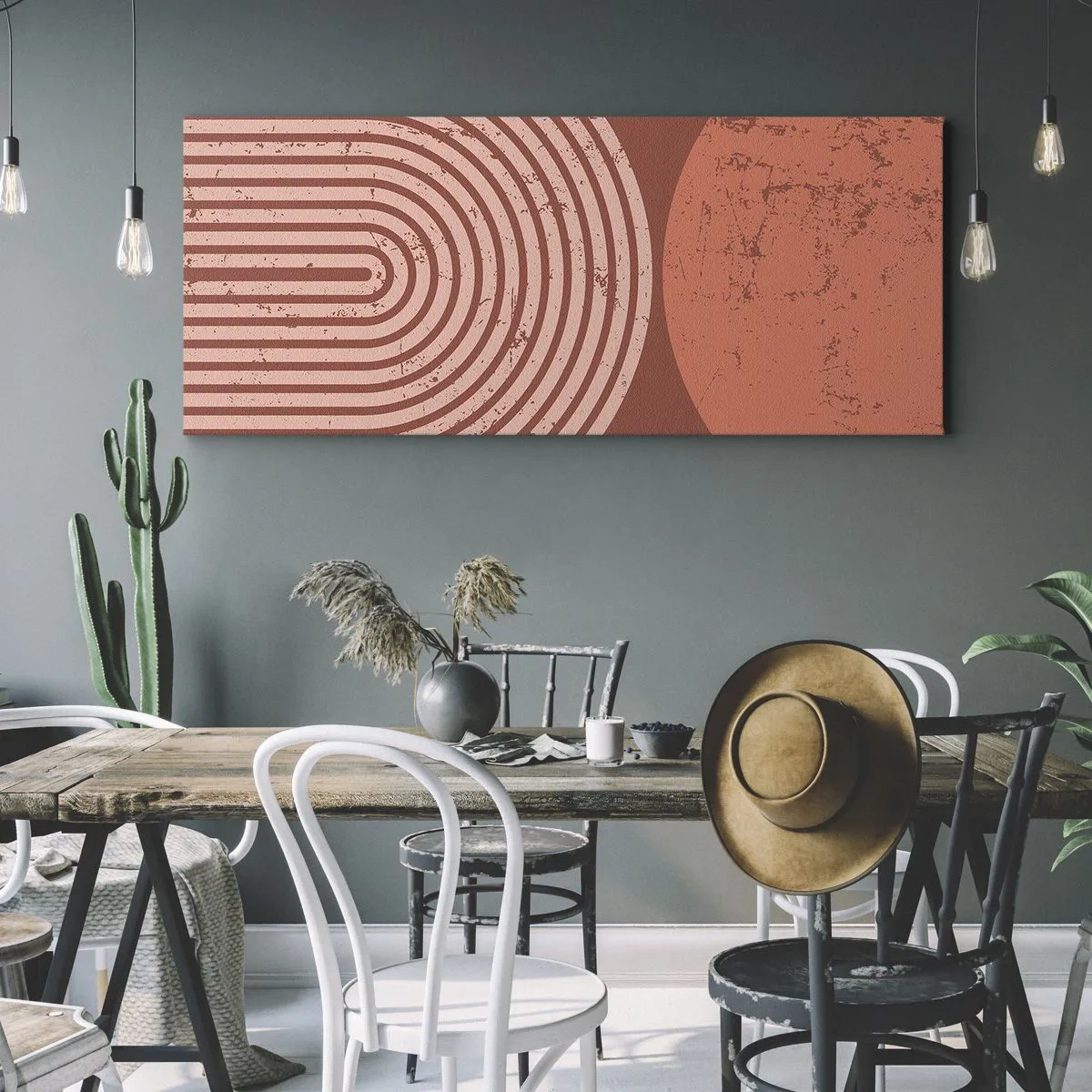 Bild auf Leinwand - Leinwandbild - Geometrische Muster in Terrakotta-Tönen auf Vintage-Hintergrund - 140x50cm - Enge Beziehung - Moderne Wanddekoration für Wohnzimmer und Schlafzimmer ARTTOR