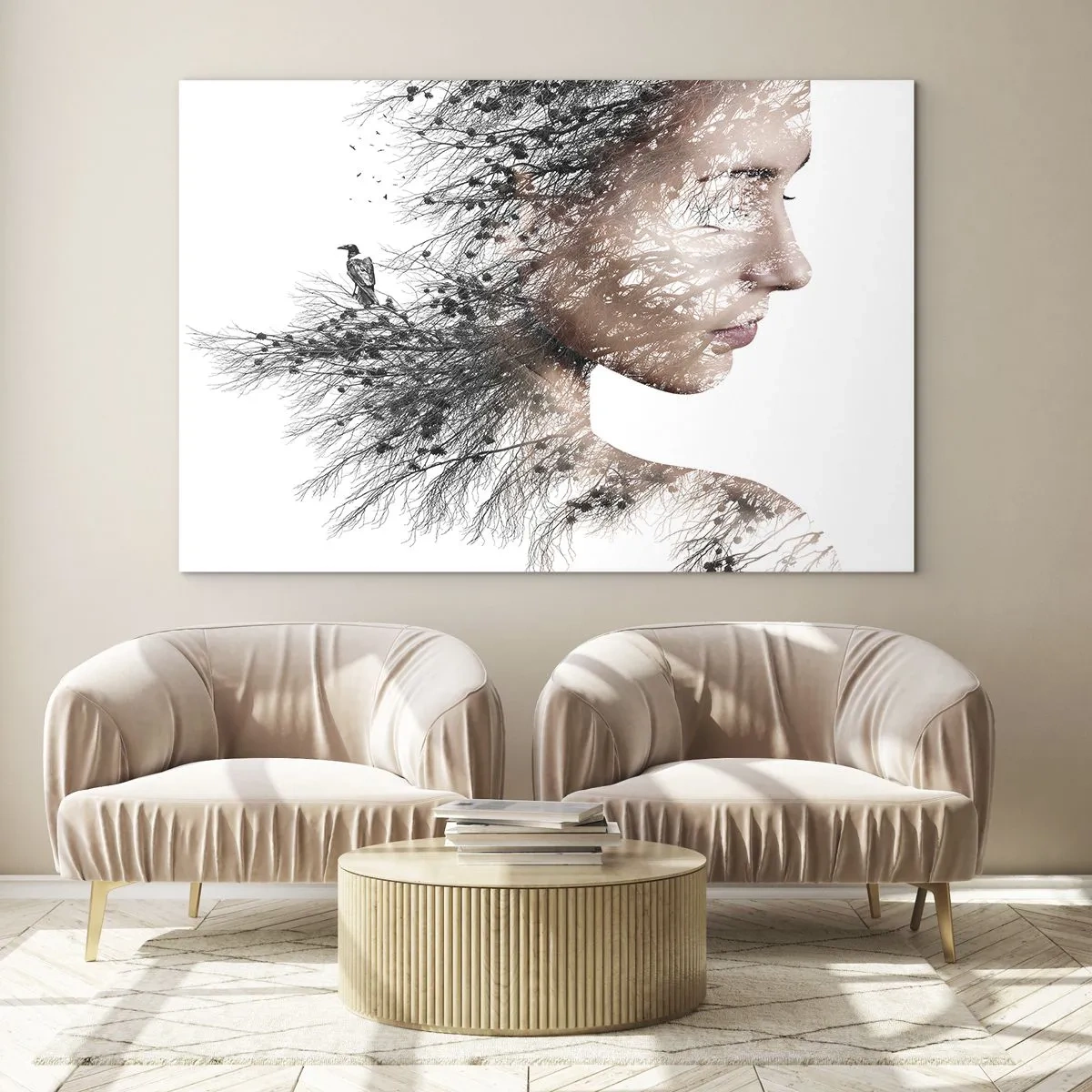 Glasbild - Bild auf glas - Porträt einer Frau mit Zweigen im Hintergrund - 70x50cm - Der Geist des Waldes - Moderne Wanddekoration für Wohnzimmer und Schlafzimmer ARTTOR