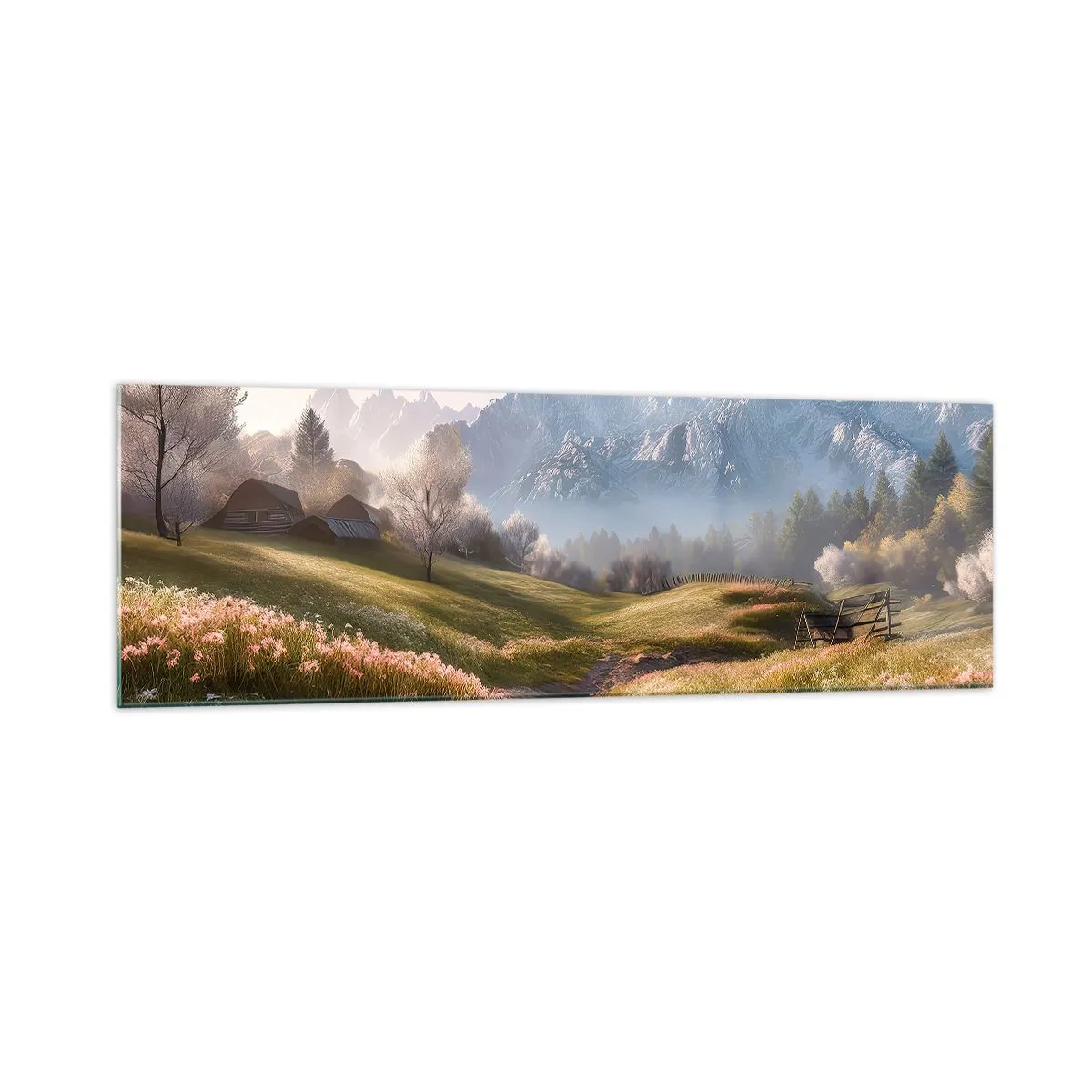 Glasbild - Bild auf glas - Ein Bergtal mit Wiesen, Hütten und Blick auf die Gipfel - 160x50cm - Idyllisches Tal - Moderne Wanddekoration für Wohnzimmer und Schlafzimmer ARTTOR