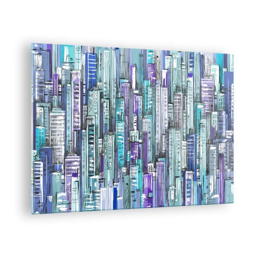 Glasbild - Bild auf glas - Illustration einer Stadt voller Wolkenkratzer in kühlen Farbtönen - 70x50cm - Bläulich von dem Himmel - Moderne Wanddekoration für Wohnzimmer und Schlafzimmer ARTTOR