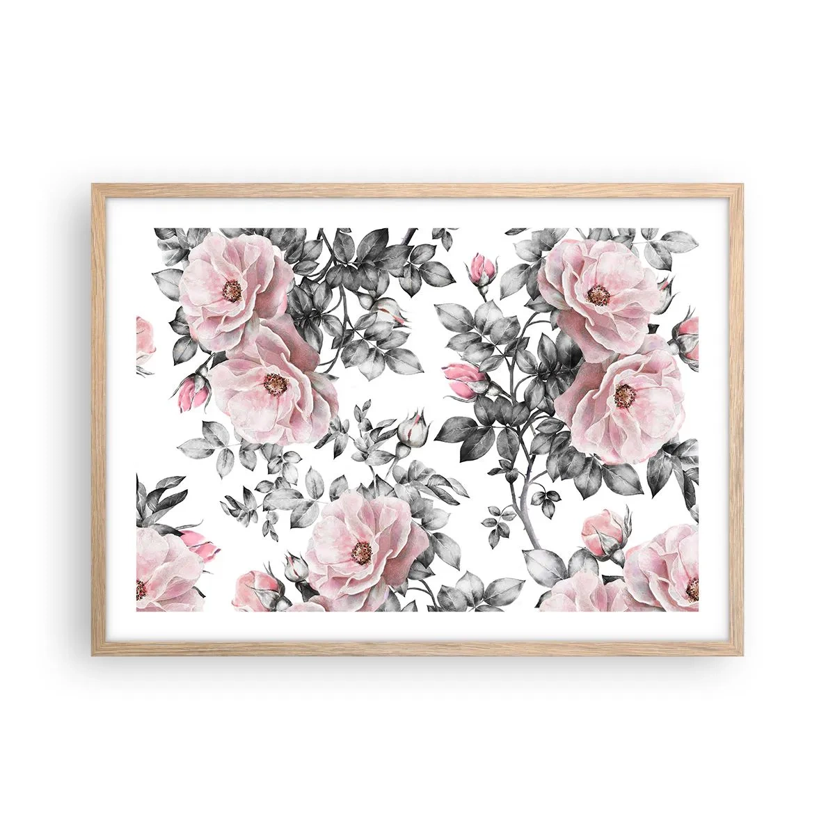 Poster in einem Rahmen aus heller Eiche - Verliere dich in den Blüten der Rosen - 70x50 cm