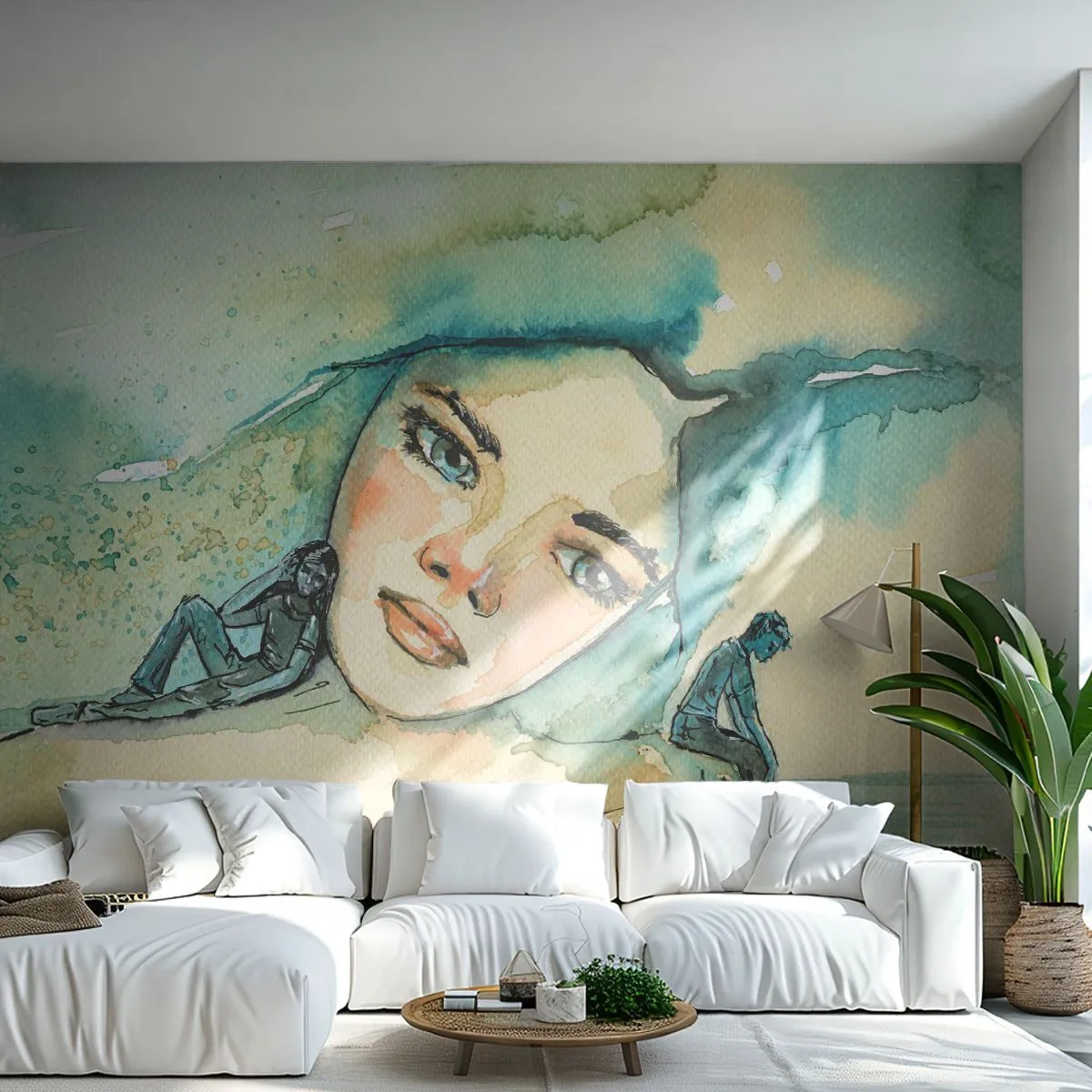 Fototapete Premium Canvas - Bin ich blau? - Abstraktion, Das Gesicht einer Frau, Malerei - 350x256 cm