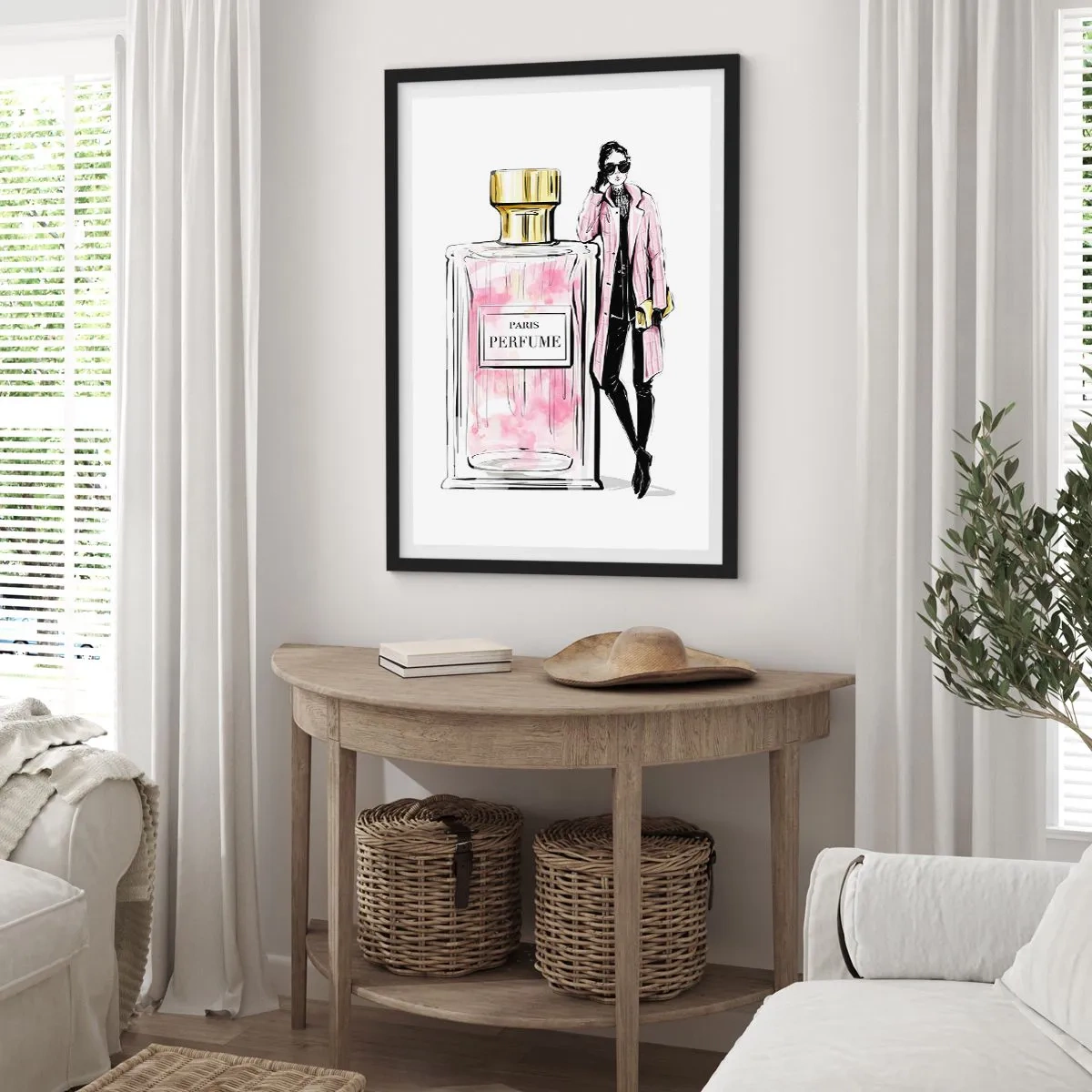 Poster in einem schwarzem Rahmen - Ein eleganter Parfümflakon mit der Silhouette einer stilvollen Frau - 50x70cm - Pariser Sinnlichkeit - Moderne Wanddekoration für Wohnzimmer und Schlafzimmer ARTTOR