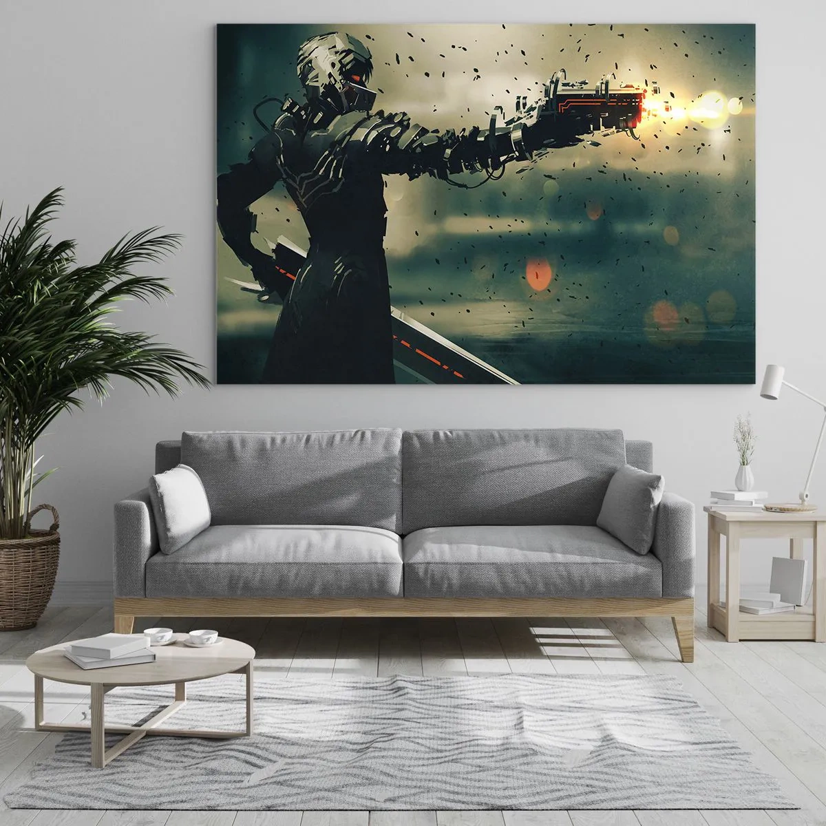 Glasbild - Bild auf glas - Ein Cyberkrieger im futuristischen Stil mit Energiewaffen - 70x50cm - Tödliche Waffe - Dein ganz eigener Terminator - Moderne Wanddekoration für Wohnzimmer und Schlafzimmer ARTTOR
