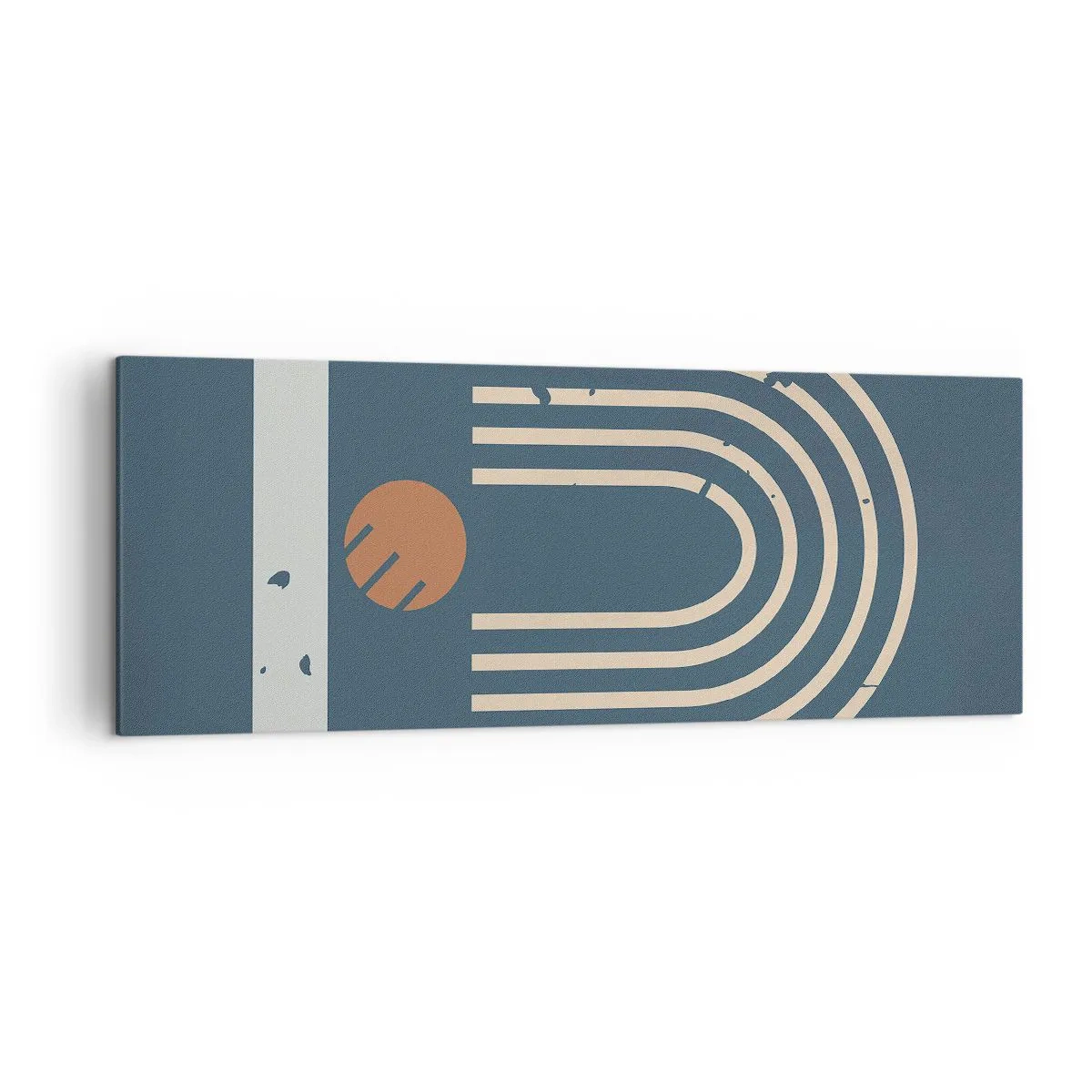 Bild auf Leinwand - Leinwandbild - Geometrisches Muster in Marineblau-, Beige- und Orangetönen auf dunklem Hintergrund - 140x50cm - Geometrie auf dem Granatapfel - Moderne Wanddekoration für Wohnzimmer und Schlafzimmer ARTTOR