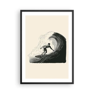 Poster in einem schwarzem Rahmen - Retro-Surfer auf Wellengrafik, schwarz-cremefarbene Komposition - 50x70cm - König der Welle - Moderne Wanddekoration für Wohnzimmer und Schlafzimmer ARTTOR