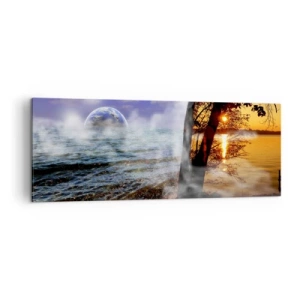 Bild auf Leinwand - Leinwandbild - Fantastische Landschaft mit Meer, Bäumen und Sonnenuntergang. - 140x50cm - Surreale Landschaft - Einheit der Natur - Moderne Wanddekoration für Wohnzimmer und Schlafzimmer ARTTOR
