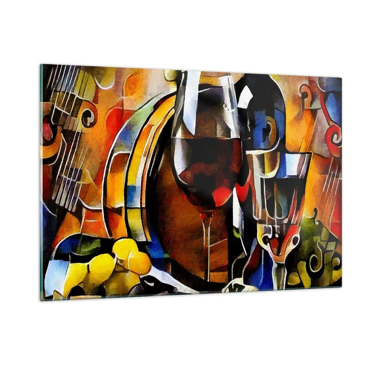 Glasbild - Bild auf glas - Abstrakte Komposition mit Weingläsern und Instrumenten - 120x80cm - Und die Welt nimmt Farben an - Moderne Wanddekoration für Wohnzimmer und Schlafzimmer ARTTOR