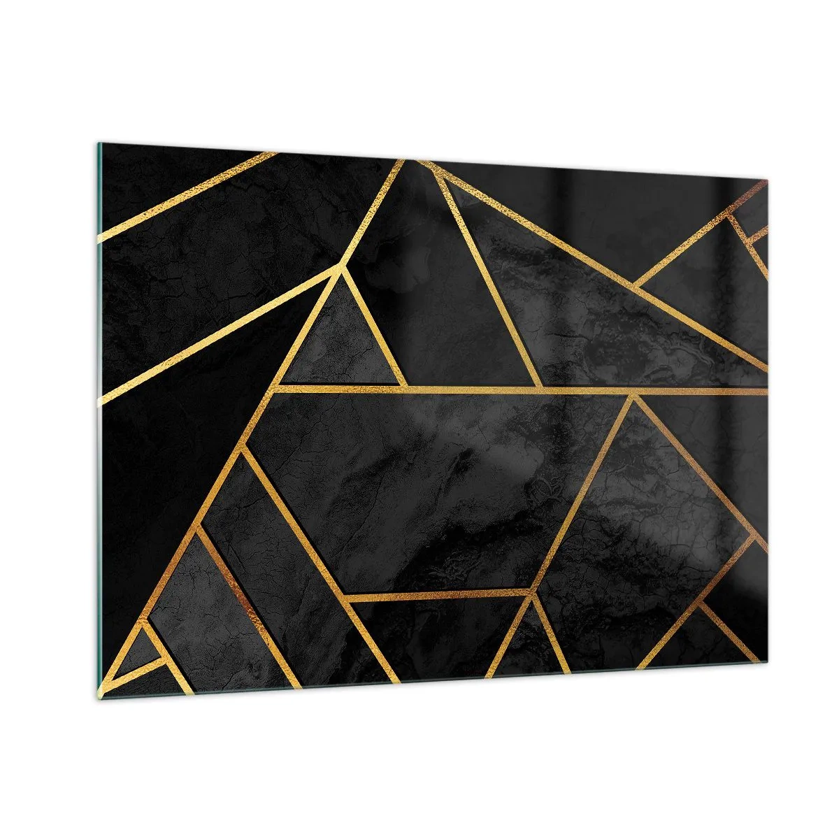 Glasbild - Bild auf glas - Geometrische Komposition in Schwarz und Gold auf Marmorhintergrund - 100x70cm - Dunkelheit und Glanz - Moderne Wanddekoration für Wohnzimmer und Schlafzimmer ARTTOR