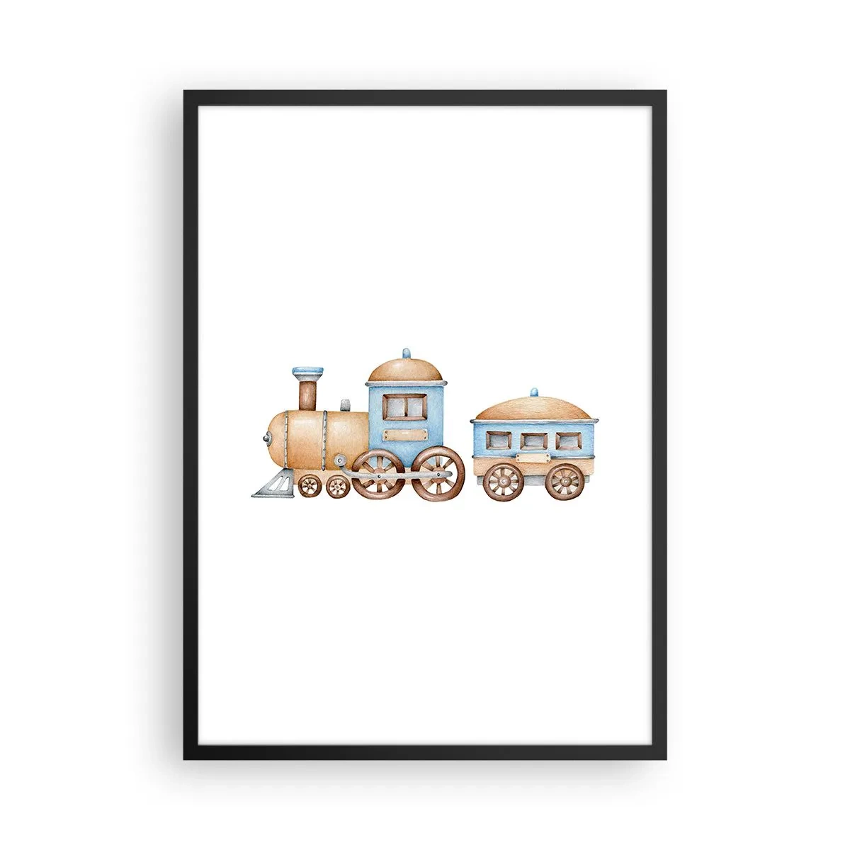 Poster in einem schwarzem Rahmen - Aquarellzug in Blau- und Beigetönen - 50x70cm - Am Bahnhof steht ... - Moderne Wanddekoration für Wohnzimmer und Schlafzimmer ARTTOR