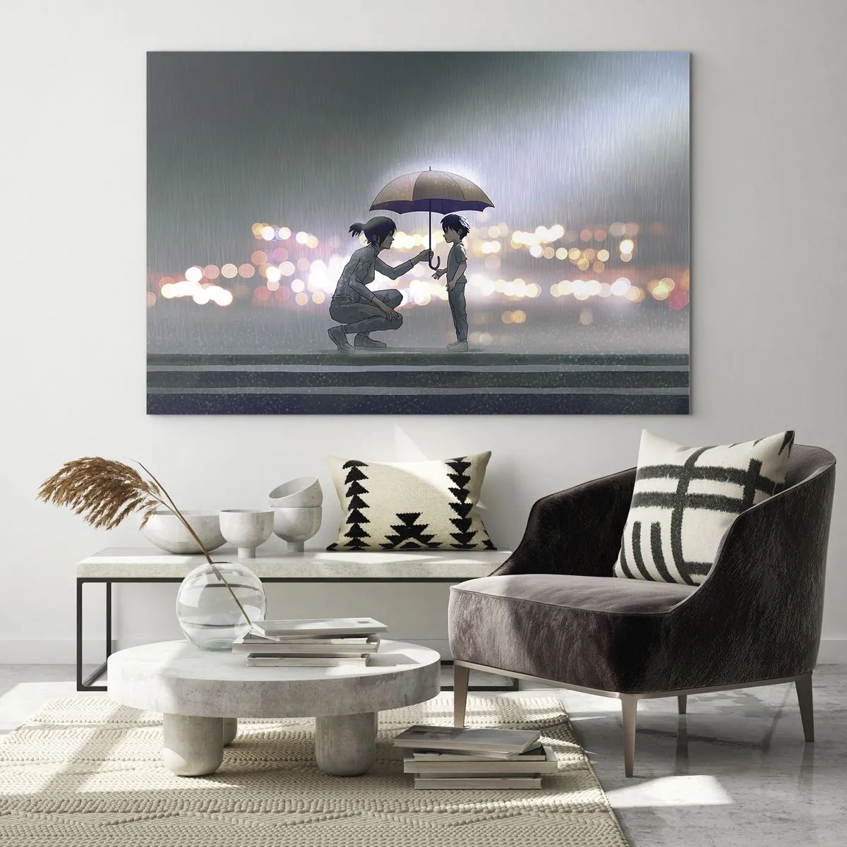 Glasbild - Bild auf glas - Figuren im Regen mit Regenschirmen vor dem Hintergrund der Nachtlichter - 100x70cm - Und jetzt ist alles in Ordnung - Moderne Wanddekoration für Wohnzimmer und Schlafzimmer ARTTOR
