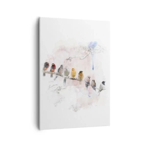 Bild auf Leinwand - Leinwandbild - Bunte Vögel auf einem Ast im Aquarellstil - 50x70cm - Geflügeltes Treffen - Moderne Wanddekoration für Wohnzimmer und Schlafzimmer ARTTOR