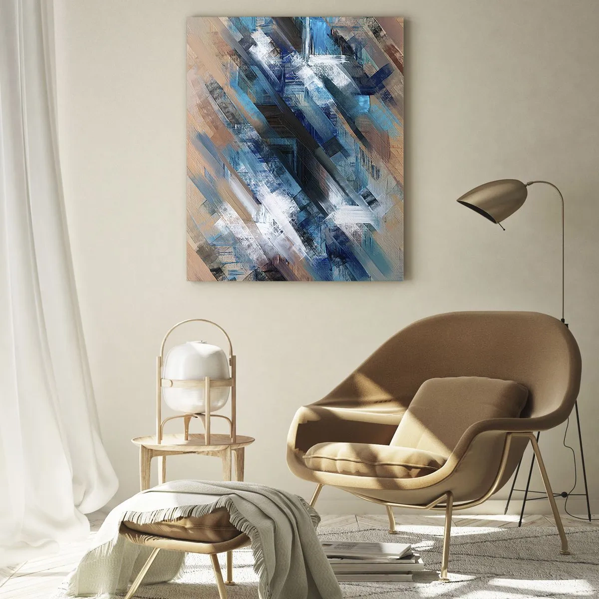 Glasbild - Bild auf glas - Abstrakte diagonale Streifen in Blau-, Weiß- und Beigetönen - 50x70cm - Auf einer blauen Diagonale - Moderne Wanddekoration für Wohnzimmer und Schlafzimmer ARTTOR