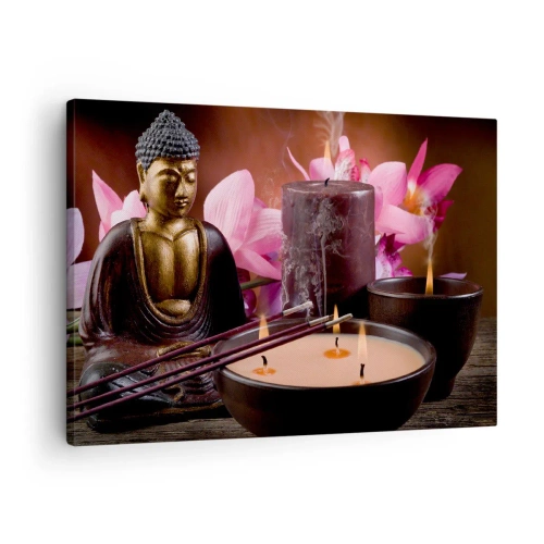 Bild auf Leinwand - Leinwandbild - Buddha-Figur mit brennenden Kerzen und Räucherstäbchen - 70x50cm - Den Geist frei machen, den Körper beruhigen - Moderne Wanddekoration für Wohnzimmer und Schlafzimmer ARTTOR