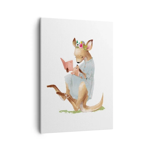 Bild auf Leinwand - Leinwandbild - Kanga liest mit einem Baby ein Buch - 50x70cm - Lies mir vor Mama - Moderne Wanddekoration für Wohnzimmer und Schlafzimmer ARTTOR