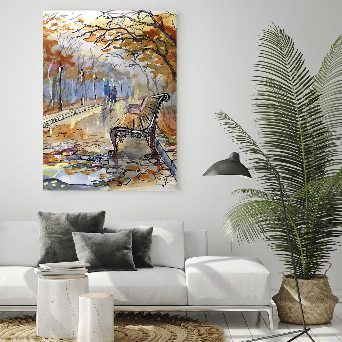 Glasbild - Bild auf glas - Eine herbstliche Allee mit einer Bank im künstlerischen Aquarellstil - 50x70cm - Gemeinsam im Herbst wandern - Moderne Wanddekoration für Wohnzimmer und Schlafzimmer ARTTOR