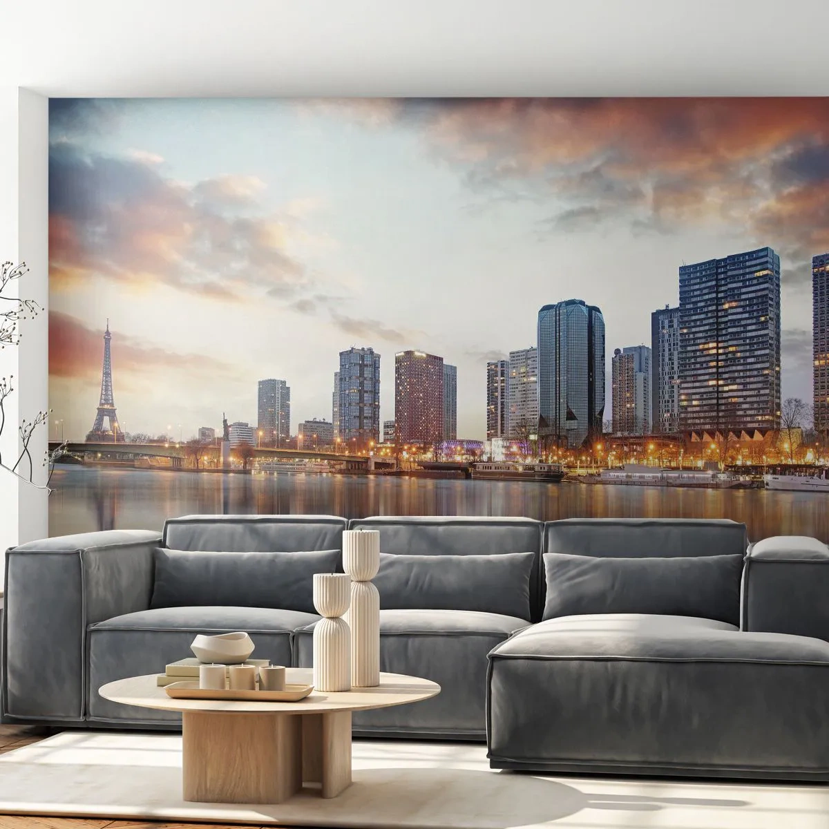 Fototapete Premium Sand - Modernes Panorama von Paris mit dem Eiffelturm bei Sonnenuntergang - 100x70cm - Die monumentale Ruhe von Paris - Moderne Wanddekoration für Wohnzimmer und Schlafzimmer ARTTOR