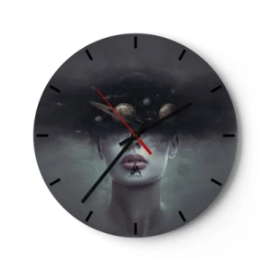 Wanduhr - Glasuhr - Eine kosmische Komposition von Planeten im Kopf einer Frau vor einem dunklen Hintergrund. - 30x30cm - Und die Planeten spielen verrückt ... - Moderne Wanddekoration für Wohnzimmer, Küche und Schlafzimmer ARTTOR
