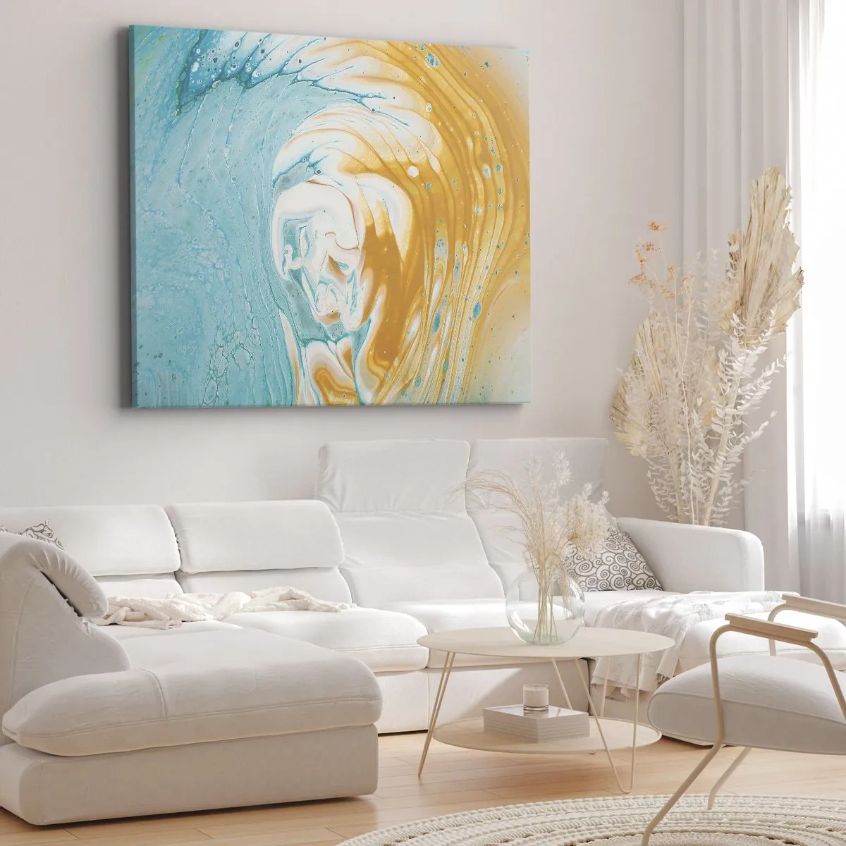 Bild auf Leinwand - Leinwandbild - Abstrakte Wellen in Blau- und Goldtönen auf Leinwand - 70x50cm - Pastellwirbel - Moderne Wanddekoration für Wohnzimmer und Schlafzimmer ARTTOR