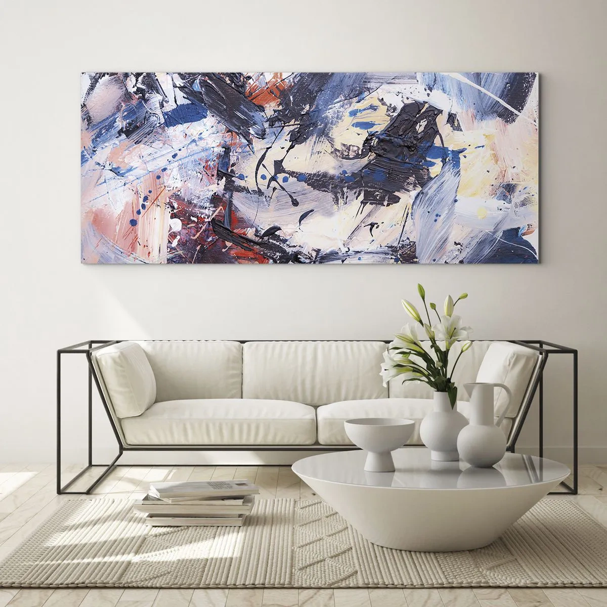 Glasbild - Bild auf glas - Abstraktion mit dynamischen Pinselstrichen in Blau und Rot. - 120x50cm - Verrückter Tanz der Abstraktion - Moderne Wanddekoration für Wohnzimmer und Schlafzimmer ARTTOR