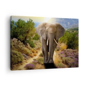 Bild auf Leinwand - Leinwandbild - Ein afrikanischer Elefant vor einer Savannen- und Berglandschaft - 70x50cm - So sah Eden aus - Moderne Wanddekoration für Wohnzimmer und Schlafzimmer ARTTOR