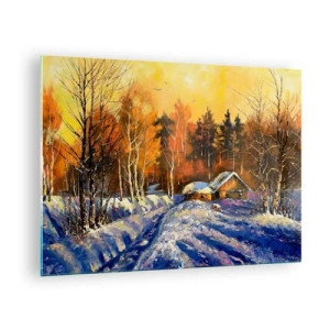 Glasbild - Bild auf glas - Winterlandschaft mit einem Holzhaus bei Sonnenuntergang - 70x50cm - Wintereindruck in der Sonne - Moderne Wanddekoration für Wohnzimmer und Schlafzimmer ARTTOR