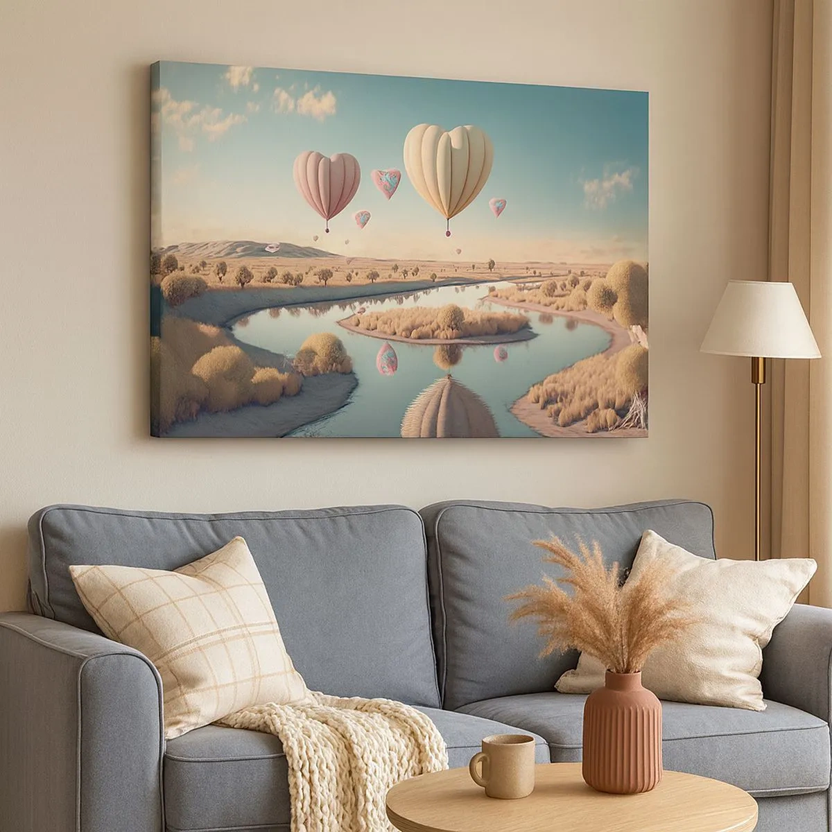 Bild auf Leinwand - Leinwandbild - Herzförmige Ballons schweben über der Landschaft - 70x50cm - Dank Liebe steigt man auf - Moderne Wanddekoration für Wohnzimmer und Schlafzimmer ARTTOR