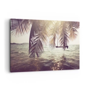 Bild auf Leinwand - Leinwandbild - Palme mit Schaukel über dem Wasser im Sonnenlicht - 100x70cm - Sie können nach Belieben in den Wolken schwingen - Moderne Wanddekoration für Wohnzimmer und Schlafzimmer ARTTOR