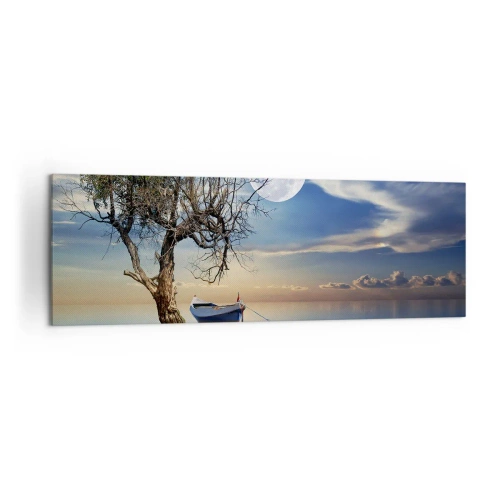 Bild auf Leinwand - Leinwandbild - Ein einsamer Baum und ein Boot auf ruhigem Wasser unter Vollmond. - 160x50cm - Ist das das Ende oder der Anfang? - Moderne Wanddekoration für Wohnzimmer und Schlafzimmer ARTTOR