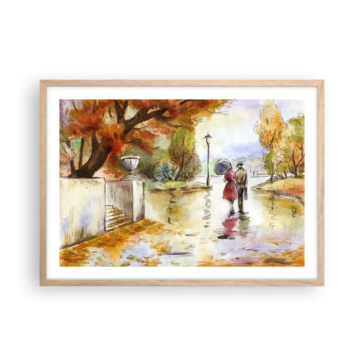 Poster in einem Rahmen aus heller Eiche - Romantischer Herbst im Park - 70x50 cm
