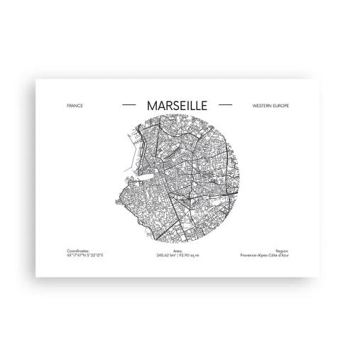 Poster - Karte von Marseille im minimalistischen Stil - 100x70cm - Anatomie von Marseille - Moderne Wanddekoration für Wohnzimmer und Schlafzimmer ARTTOR