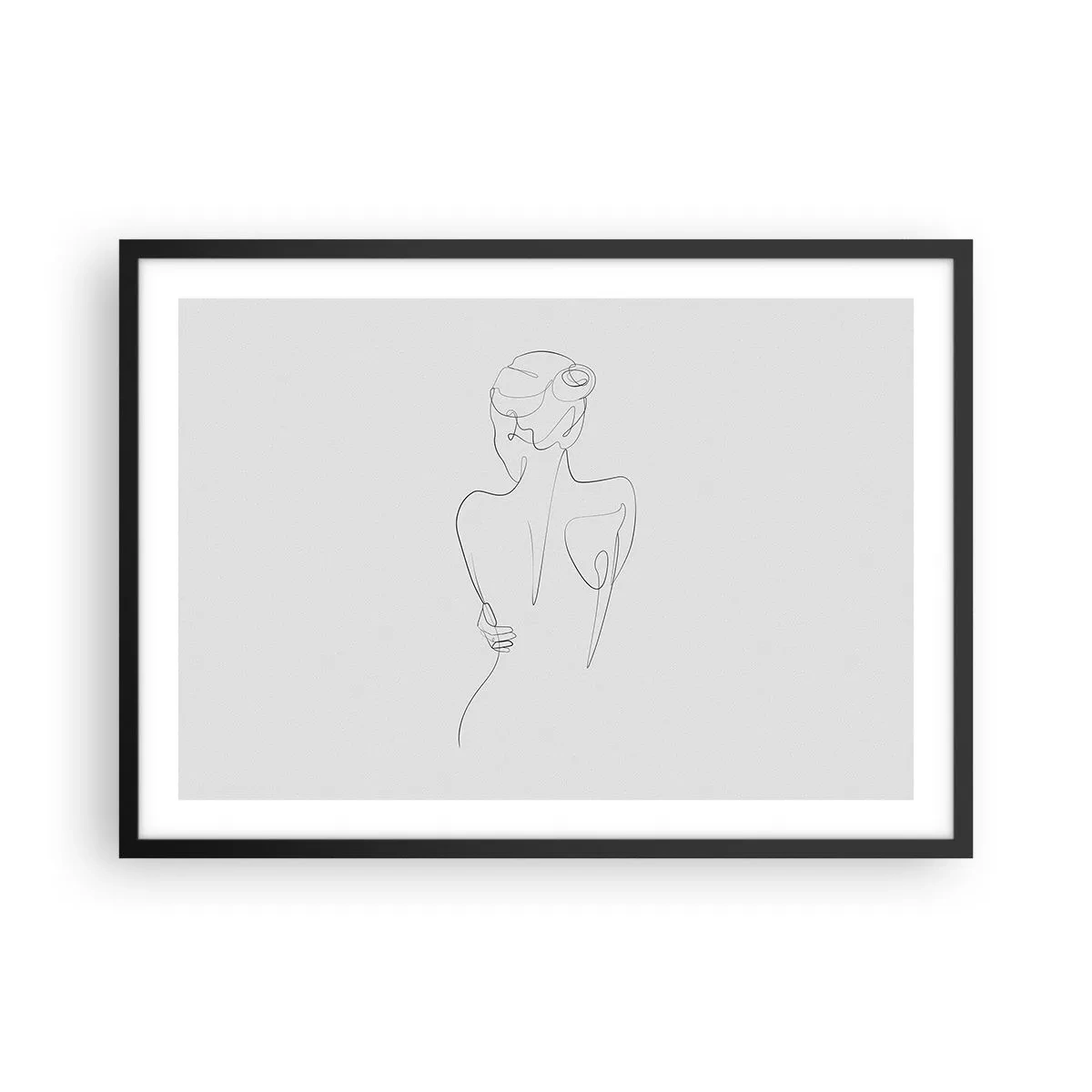 Poster in einem schwarzem Rahmen - Eine Konturlinie, die eine weibliche Silhouette vor einem hellen Hintergrund zeigt - 70x50cm - Körpermusik - Moderne Wanddekoration für Wohnzimmer und Schlafzimmer ARTTOR