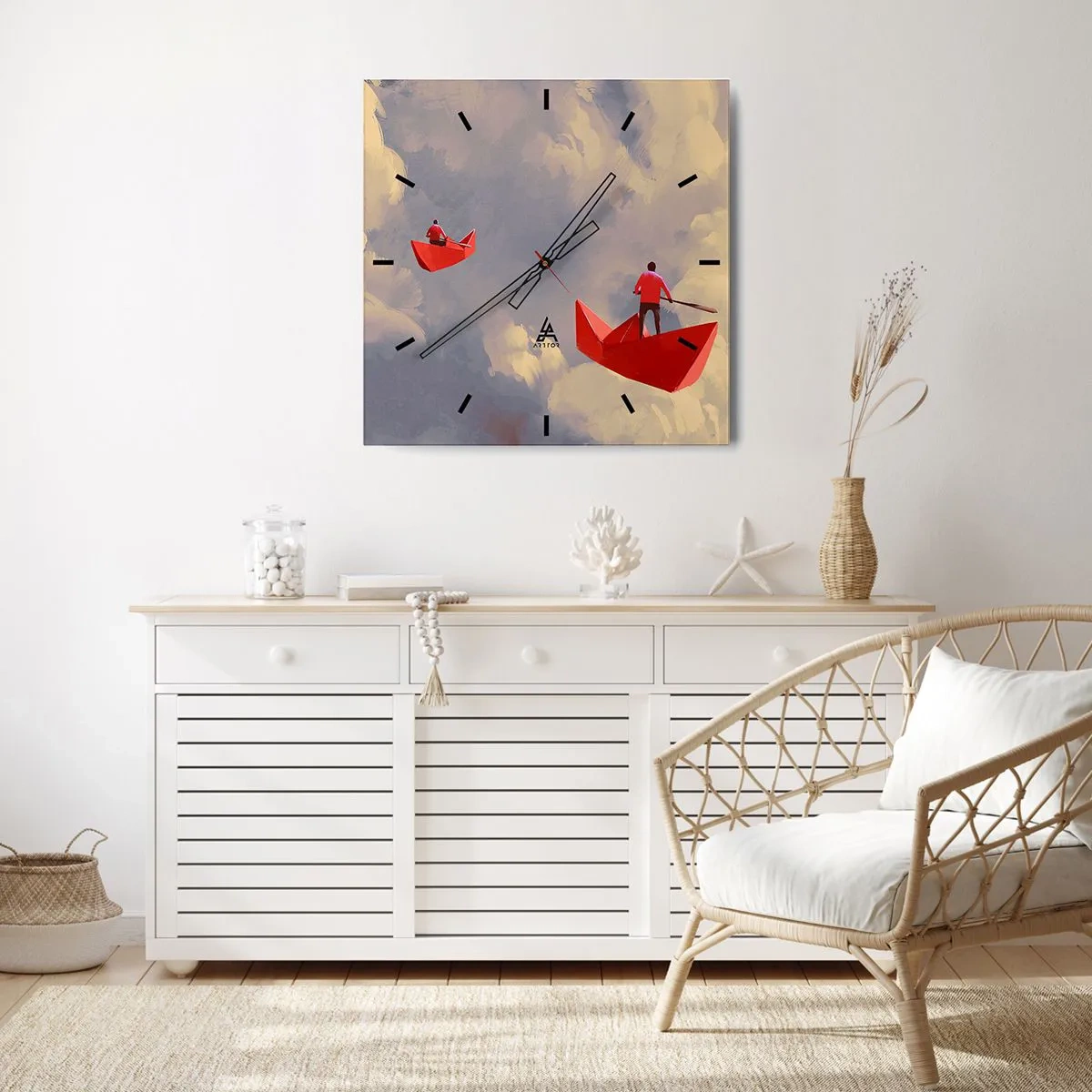 Wanduhr - Glasuhr - Rote Papierboote schweben in den Wolken - 30x30cm - Expedition der Träumer - Moderne Wanddekoration für Wohnzimmer und Schlafzimmer ARTTOR