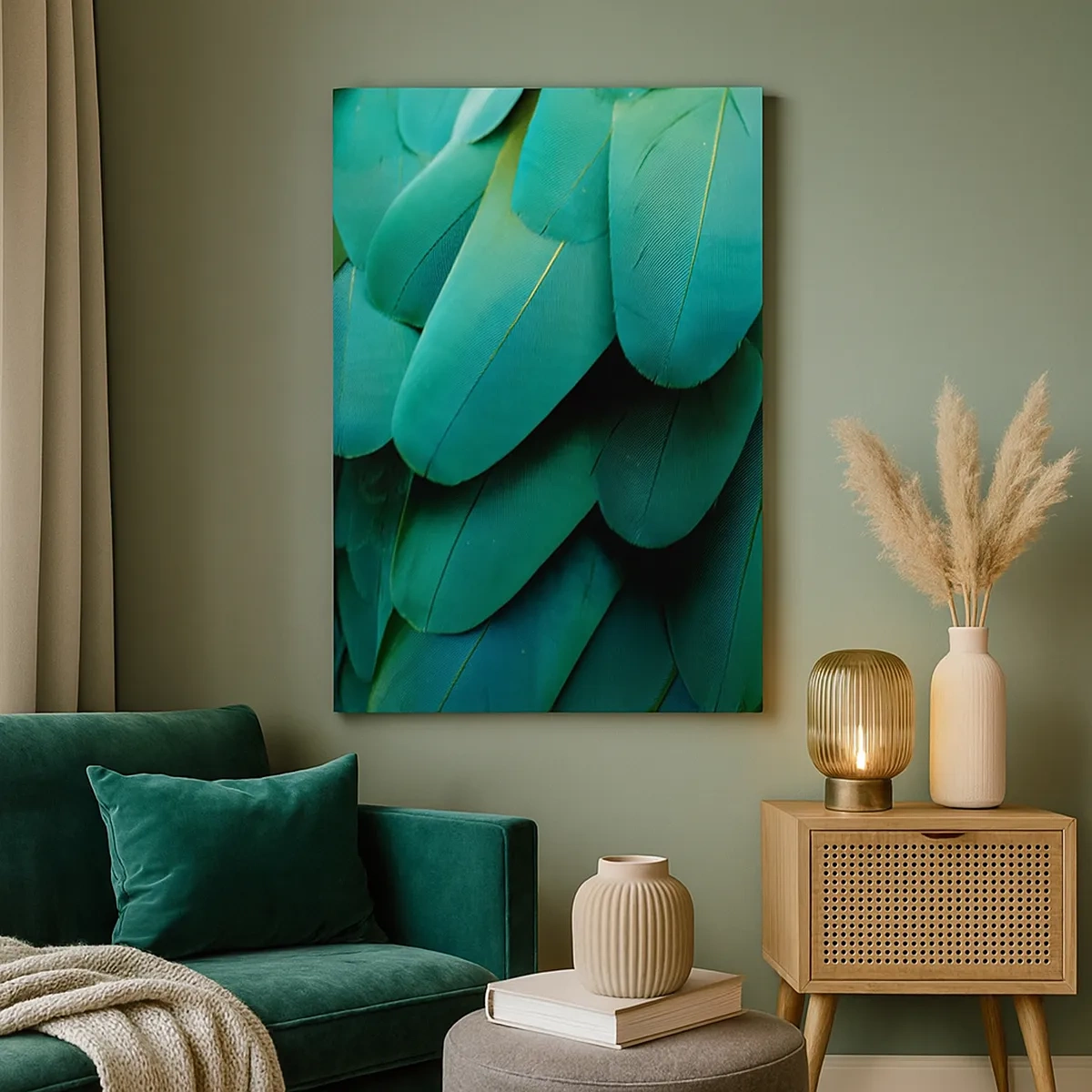 Bild auf Leinwand - Leinwandbild - Federdetails in Grüntönen - 50x70cm - Papageienartige Präzision - Moderne Wanddekoration für Wohnzimmer und Schlafzimmer ARTTOR