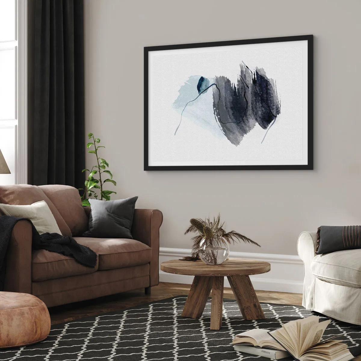 Poster in einem schwarzem Rahmen - Abstrakte Komposition in Grau- und Blautönen - 100x70cm - Intensität und Bewegung - Moderne Wanddekoration für Wohnzimmer und Schlafzimmer ARTTOR