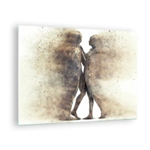 Glasbild - Bild auf glas - Abstrakte Silhouetten zweier Figuren im staubigen Stil - 70x50cm - Sie erhoben sich aus dem Staub, um zu lieben - Moderne Wanddekoration für Wohnzimmer und Schlafzimmer ARTTOR