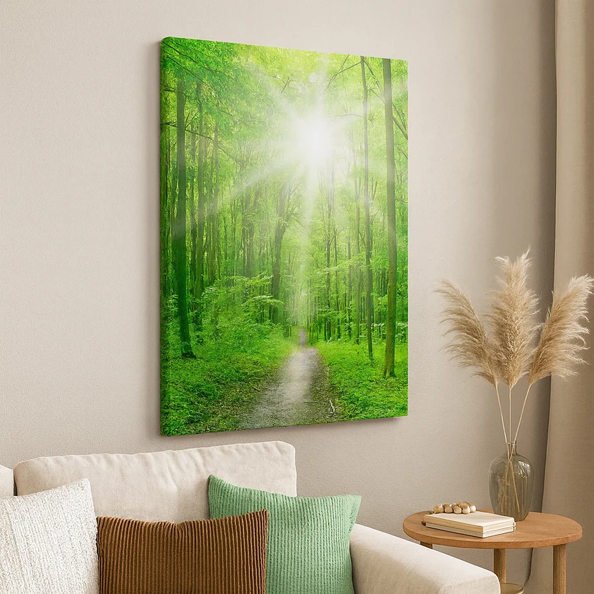 Bild auf Leinwand - Leinwandbild - Pfad im Wald mit Sonnenstrahlen - 50x70cm - Die grüne Kathedrale - Moderne Wanddekoration für Wohnzimmer und Schlafzimmer ARTTOR