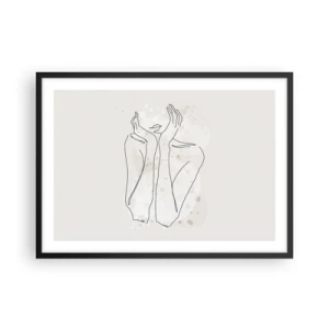 Poster in einem schwarzem Rahmen - Konturlinie zeigt die Hände einer Frau auf hellem Hintergrund - 70x50cm - Ein träumerischer Moment - Moderne Wanddekoration für Wohnzimmer und Schlafzimmer ARTTOR