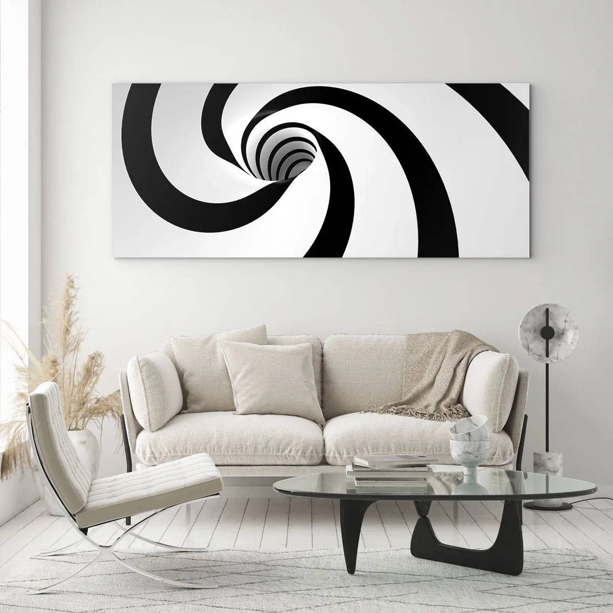 Glasbild - Bild auf glas - Abstrakte schwarz-weiße Spirale mit Wirbeleffekt - 120x50cm - Dem Wirbel nachgeben? - Moderne Wanddekoration für Wohnzimmer und Schlafzimmer ARTTOR