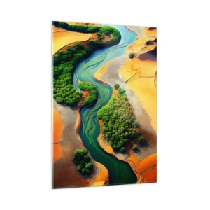 Glasbild - Bild auf glas - Grüne Oasen und ein Fluss zwischen orangefarbenen Dünen - 50x70cm - Lebensspendender Fluss - Moderne Wanddekoration für Wohnzimmer und Schlafzimmer ARTTOR
