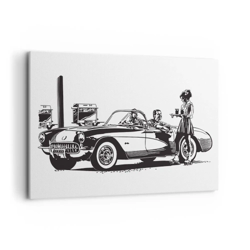 Bild auf Leinwand - Leinwandbild - Eine schwarz-weiße Retro-Szene mit einem Auto und einer Kellnerin auf Rollschuhen. - 100x70cm - 60. - unbeschwertes Amerika - Moderne Wanddekoration für Wohnzimmer und Schlafzimmer ARTTOR