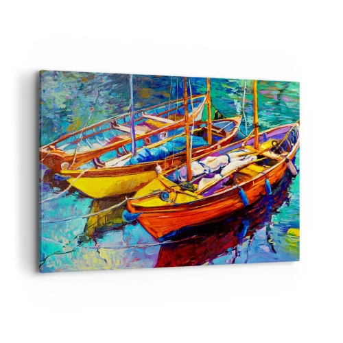 Bild auf Leinwand - Leinwandbild - Bunte Boote auf ruhigem Wasser - 100x70cm - Auf Wasser dick mit Farben - Moderne Wanddekoration für Wohnzimmer und Schlafzimmer ARTTOR