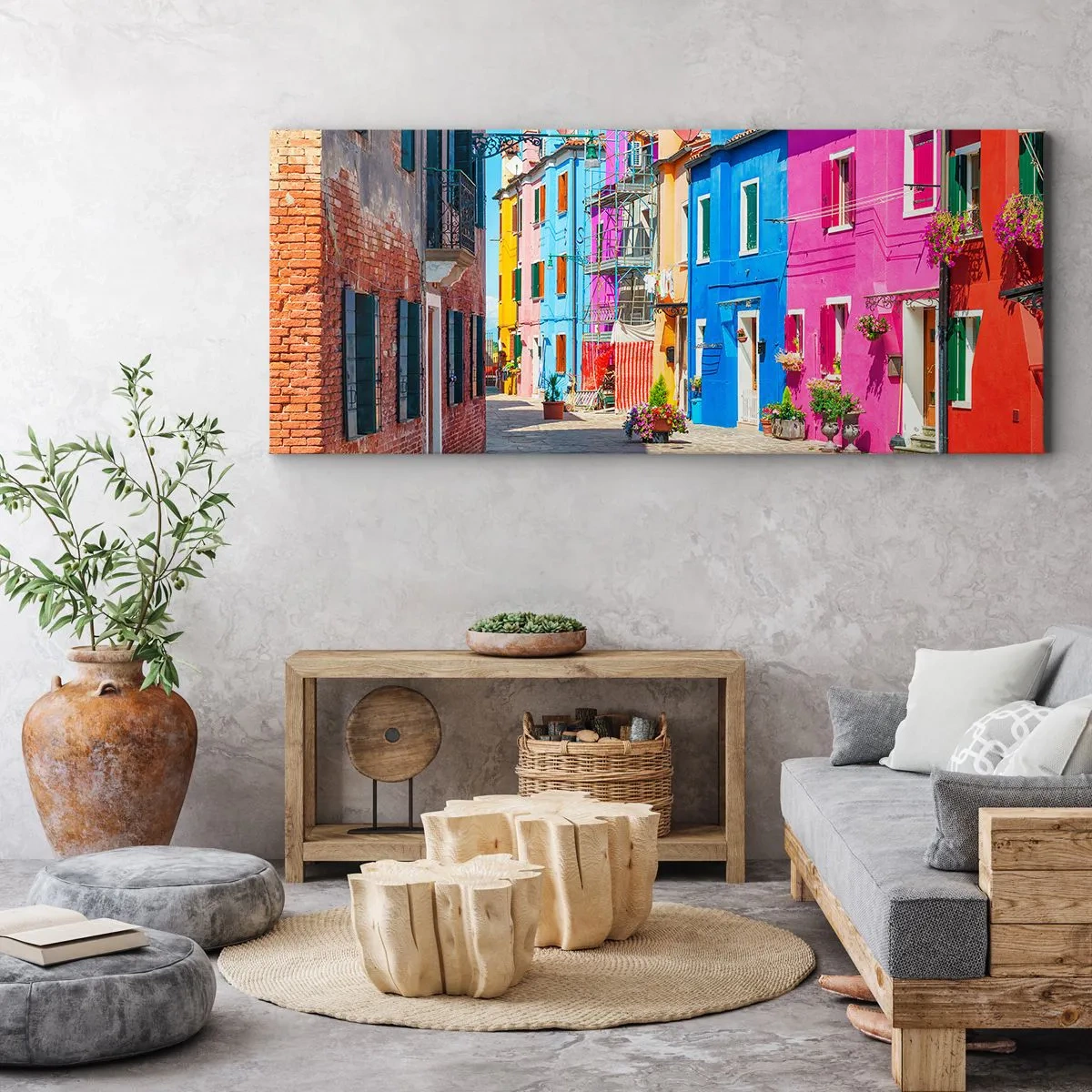 Bild auf Leinwand - Leinwandbild - Bunte Gebäude in einer engen Stadtstraße - 120x50cm - Städtchen "Zu Papageien" - Moderne Wanddekoration für Wohnzimmer und Schlafzimmer ARTTOR