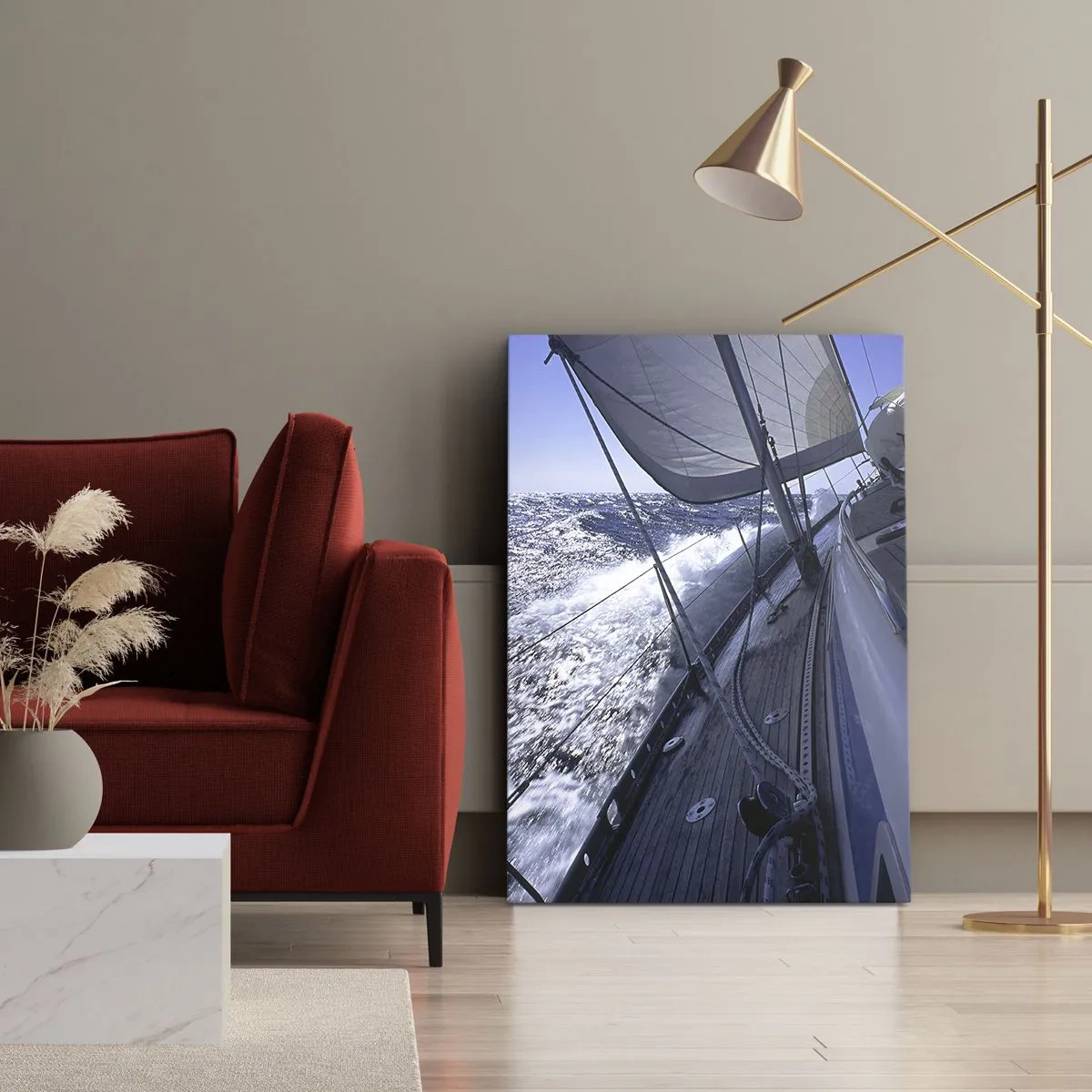 Bild auf Leinwand - Leinwandbild - Ein Segelboot in stürmischer See mit weißen Segeln und einem Holzdeck. - 50x70cm - Ich weiß was es heißt ein Vogel zu sein - Moderne Wanddekoration für Wohnzimmer und Schlafzimmer ARTTOR