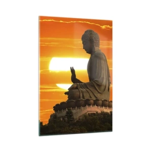 Glasbild - Bild auf glas - Eine buddhistische Statue vor dem Hintergrund eines orangefarbenen Sonnenuntergangs - 80x120cm - Keine Angst vor der Welt - Moderne Wanddekoration für Wohnzimmer und Schlafzimmer ARTTOR